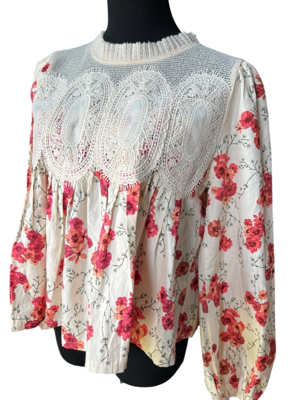 En Elly Floral Lace Yoke Blouse Boho Peasant Top Cream Pink Size Small - Picture 2 of 7